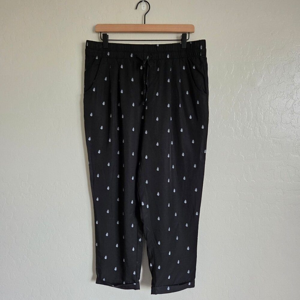 Garnet Hill Tencel Floral Cropped Black Pant Womens 12 Elastic Waist Drawstring